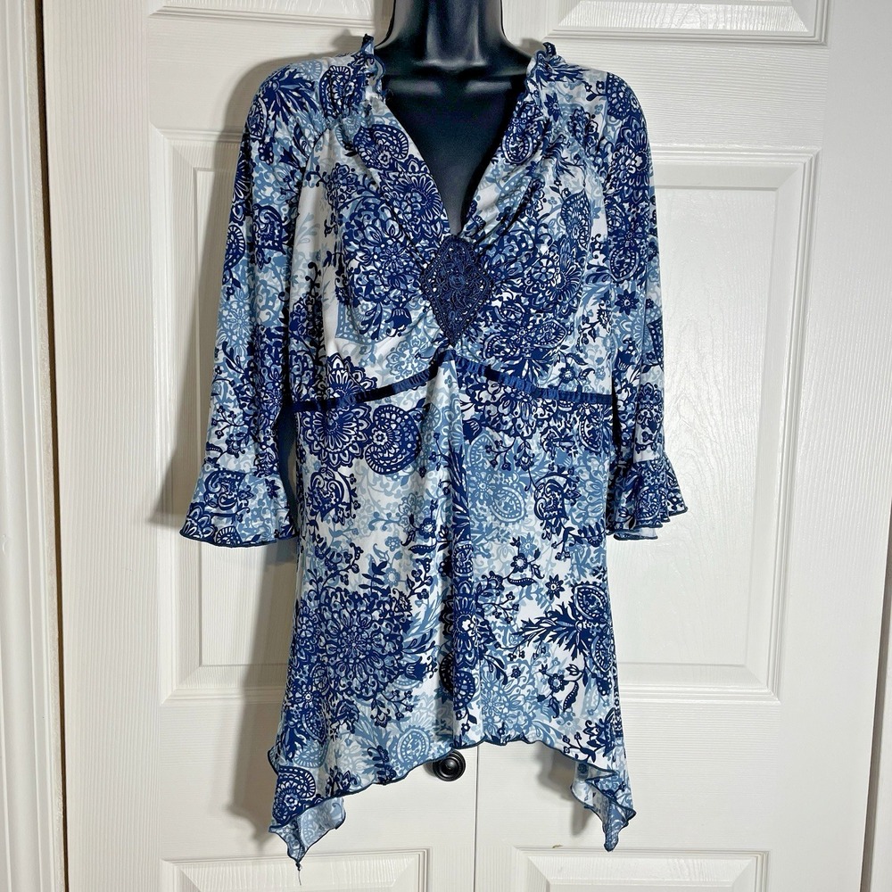 Vintage Y2K Fashion Bug Babydoll Shirt Women 14/16 White Blue Floral Asymmetric